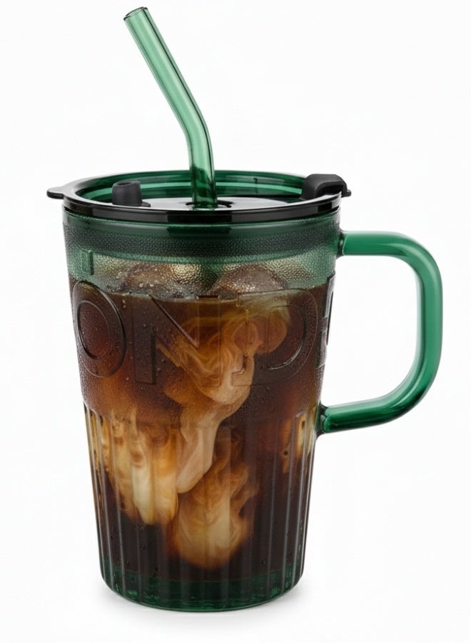 Reusable Glass Mug 450ml with Glass Straw and Leak-Proof Lid – Multi-Purpose Drinking Cup for Hot Coffee, Tea, Milk, Juice, Smoothies and Water – Stylish Design for Home, Office and Daily Use -Green - Image 1